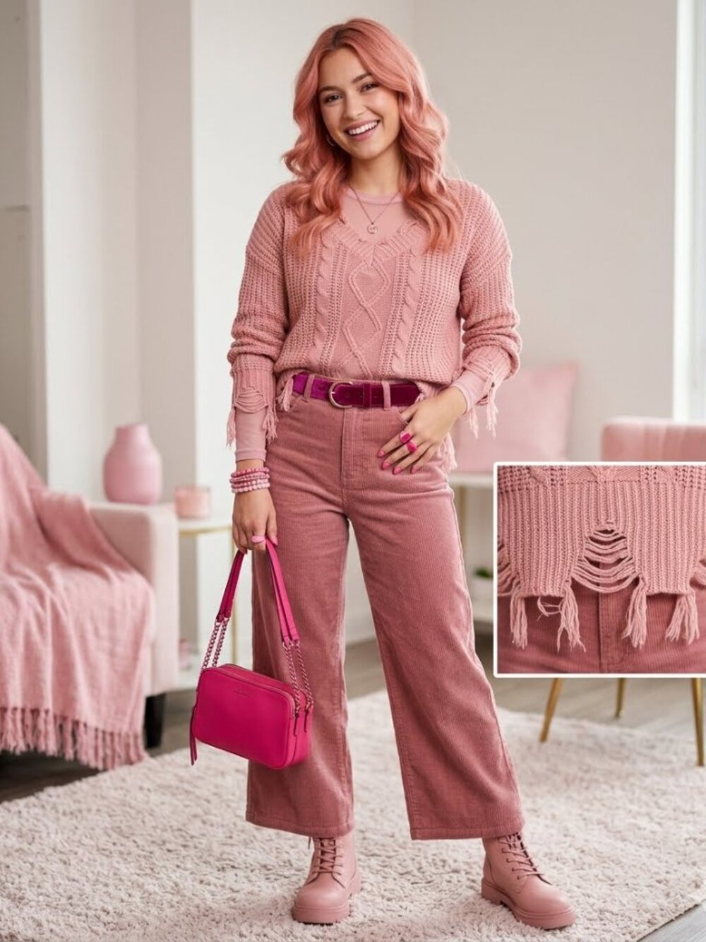EU No Comment Pink V-Neck Distressed Cableknit Sweater